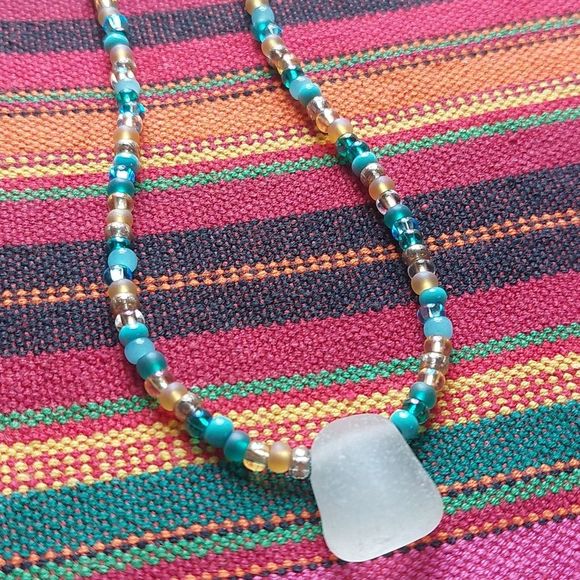 Beach Glass Necklace, Sea glass Necklace, Boho, Blue - Picture 5 of 12
